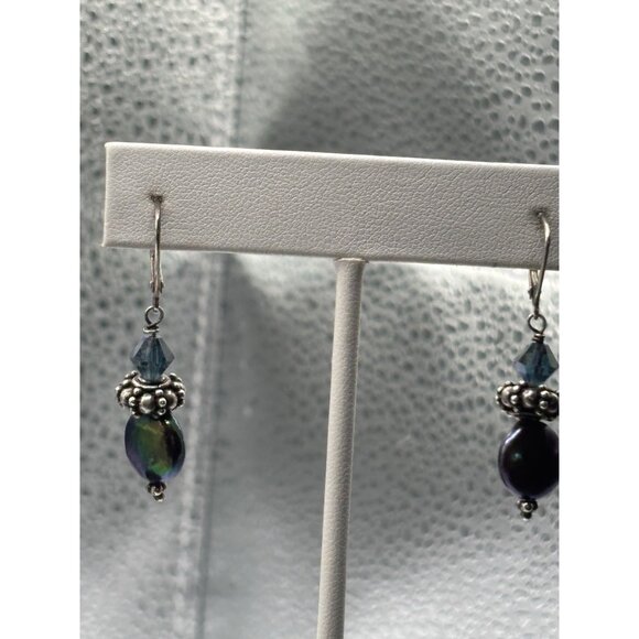 Silver 925 Earrings Iridescent Coin Pearl Drops & Aurora Borealis Beads Elegant - Picture 6 of 6